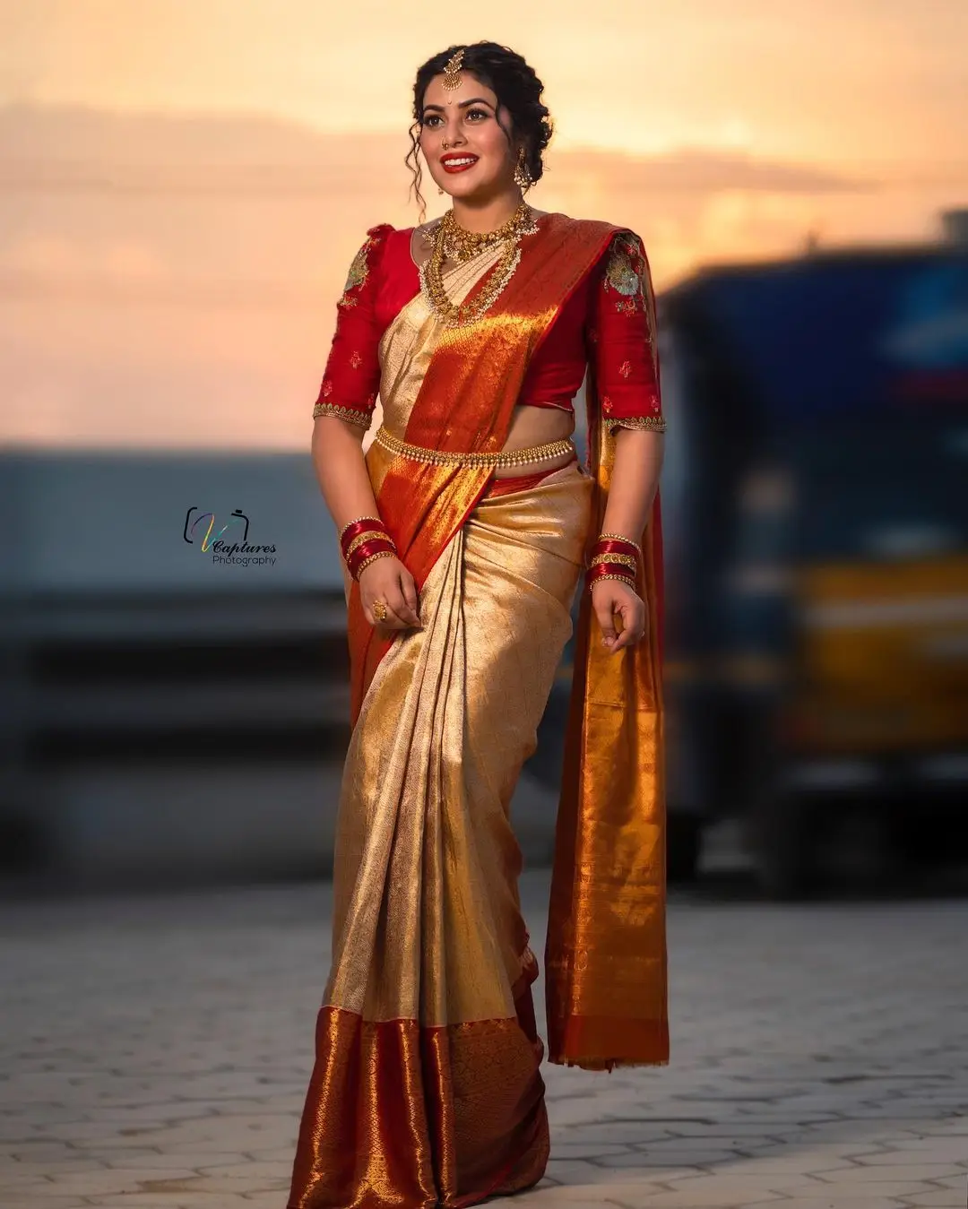 Malayalam Girl Shamna Kasim In Beautiful Jewellery Orange Saree